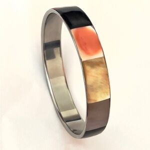 Vintage Handmade Taxco Inlay Bangle – Genuine MOP Onyx Coral 2.75"